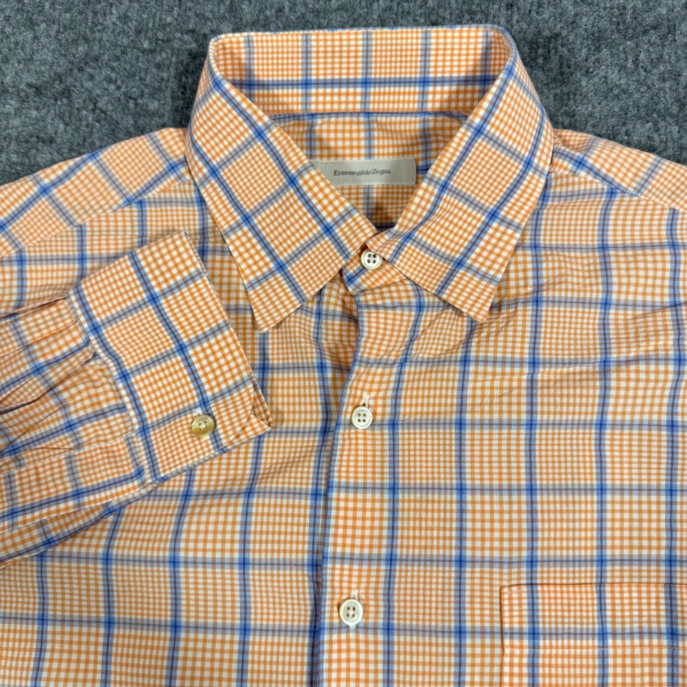 Ermenegildo Zegna Button Down Plaid Mens XL Orange Blue Cotton EUC